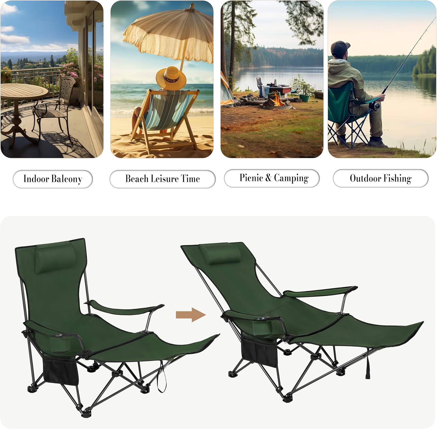 Reclining Camping Chair with Footrest Folding Outdoor Seat Green