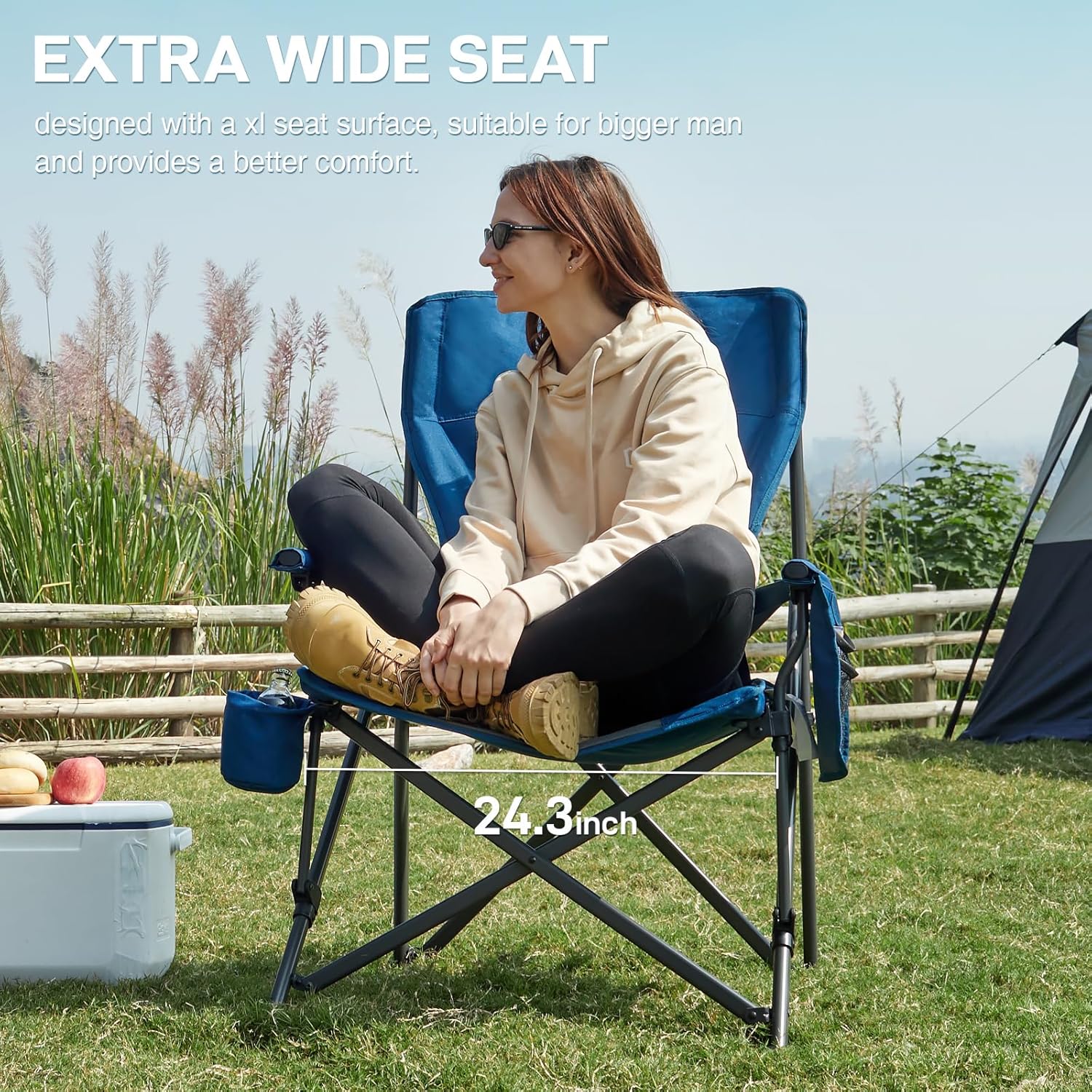 Oversized Folding Camping Chair with Lumbar Support Blue