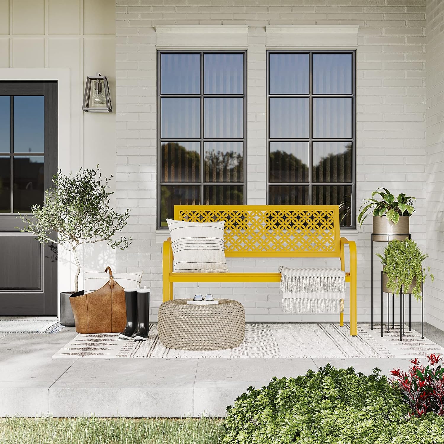 Yellow Metal Garden Bench 2–3 Seater Outdoor Patio Seat Rust Resistant