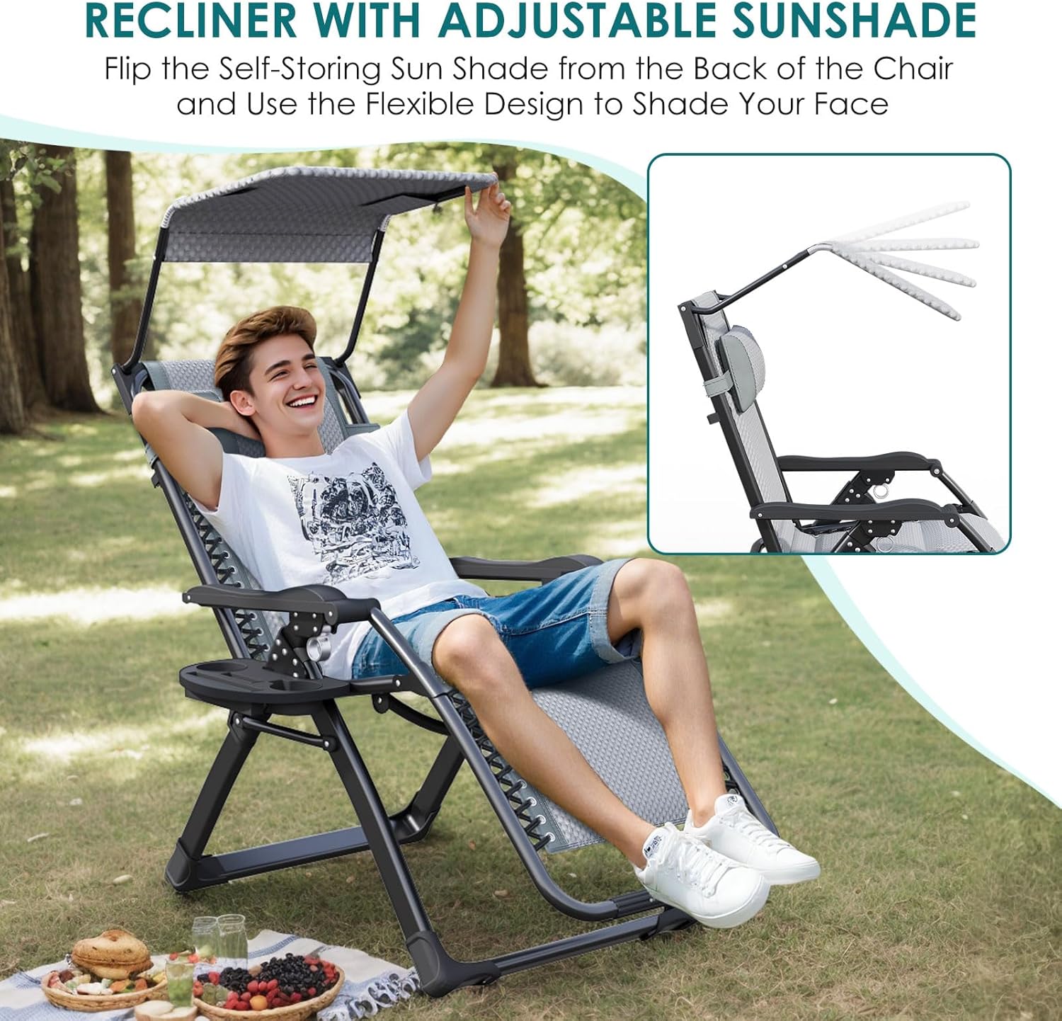 Zero Gravity Lounge Chair Foldable Recliner Canopy Cup Holder Grey