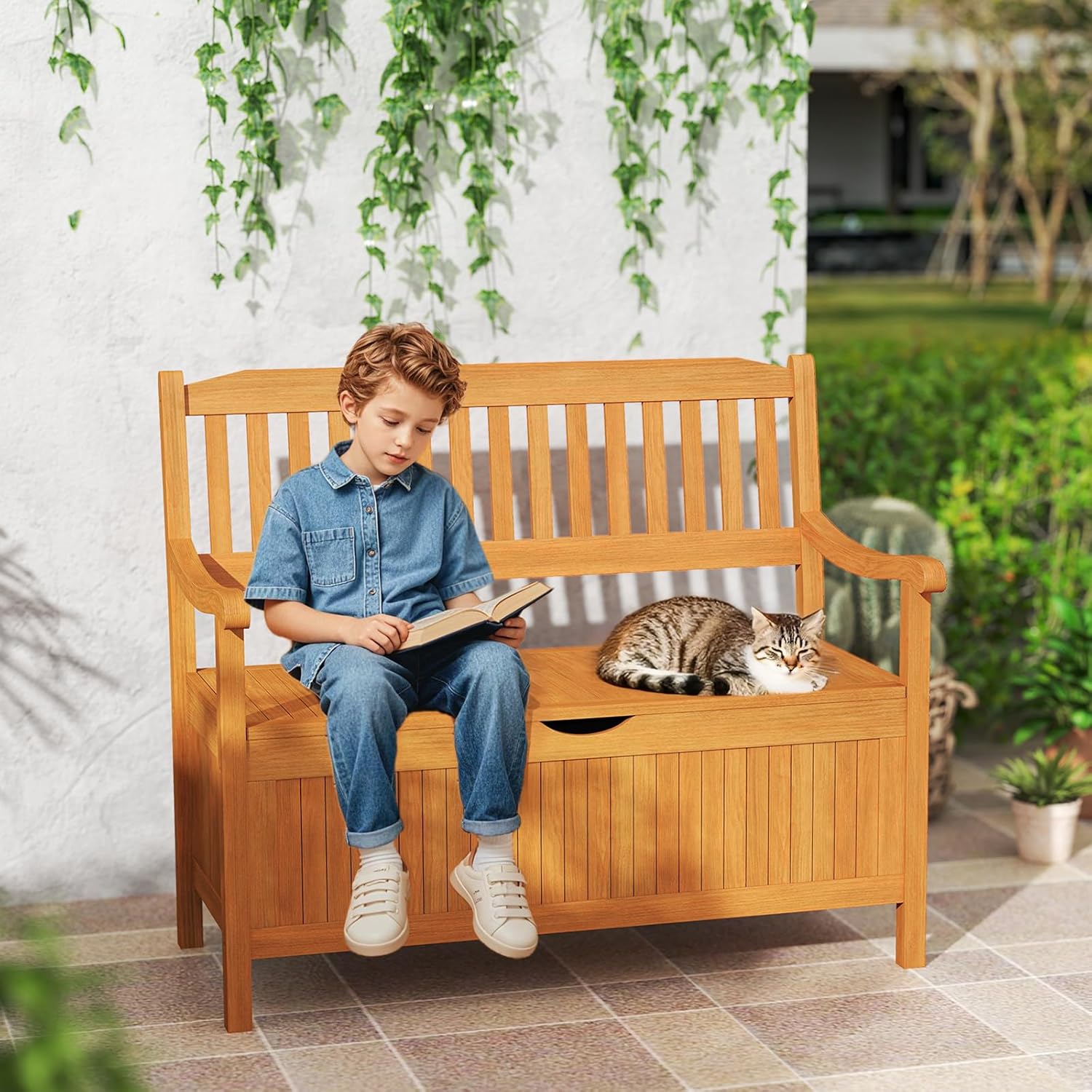 2 Seater Wooden Garden Storage Bench Patio Seat with 125L Box