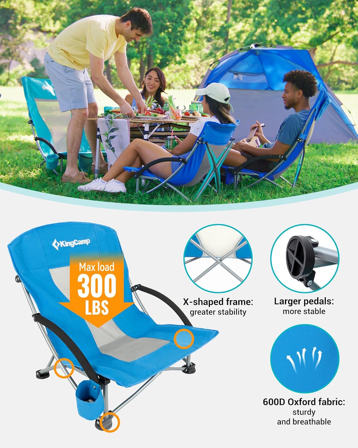Blue Low Folding Beach Chair Heavy Duty Portable Seat