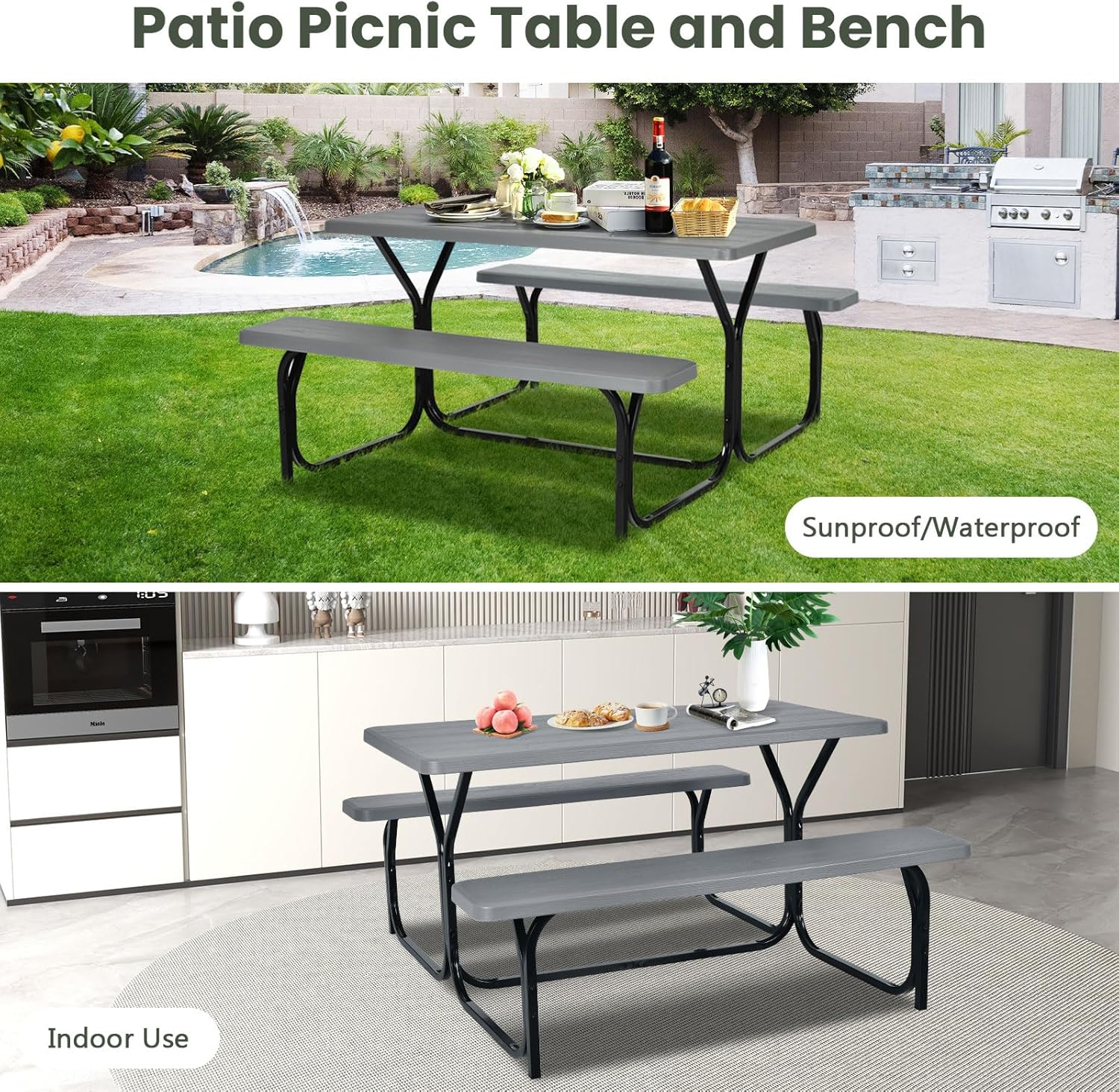 Outdoor Picnic Table Bench Set HDPE Garden Dining Grey
