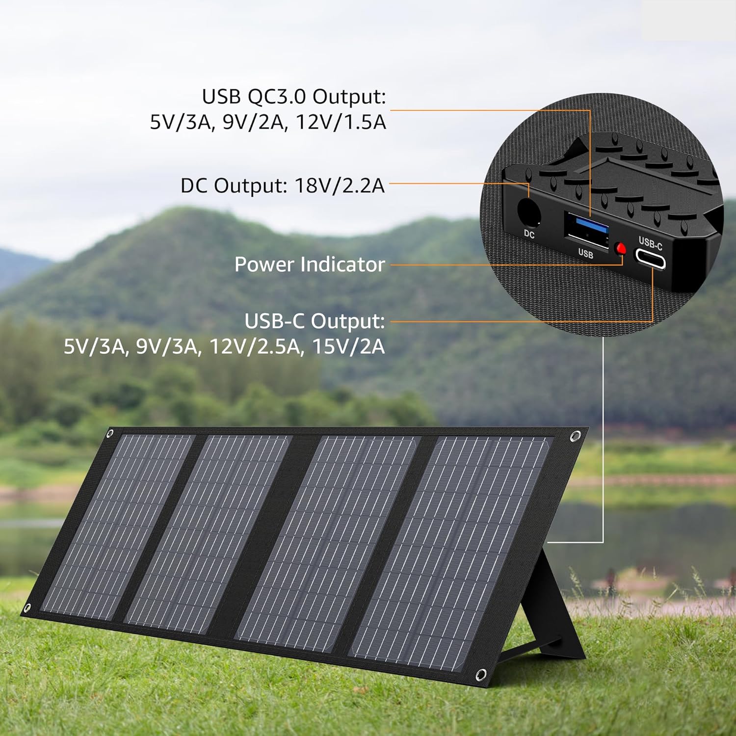 40W Foldable Solar Charger USB C DC Camping Power Station