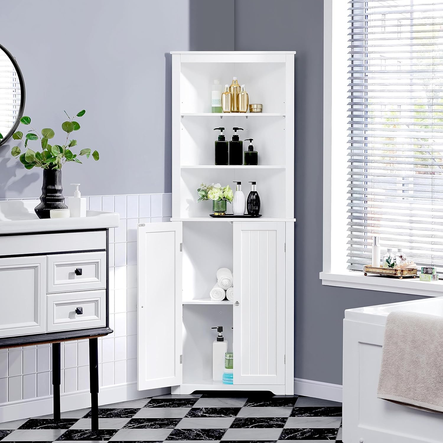 Tall Corner Bathroom Cabinet White Adjustable Shelf Unit