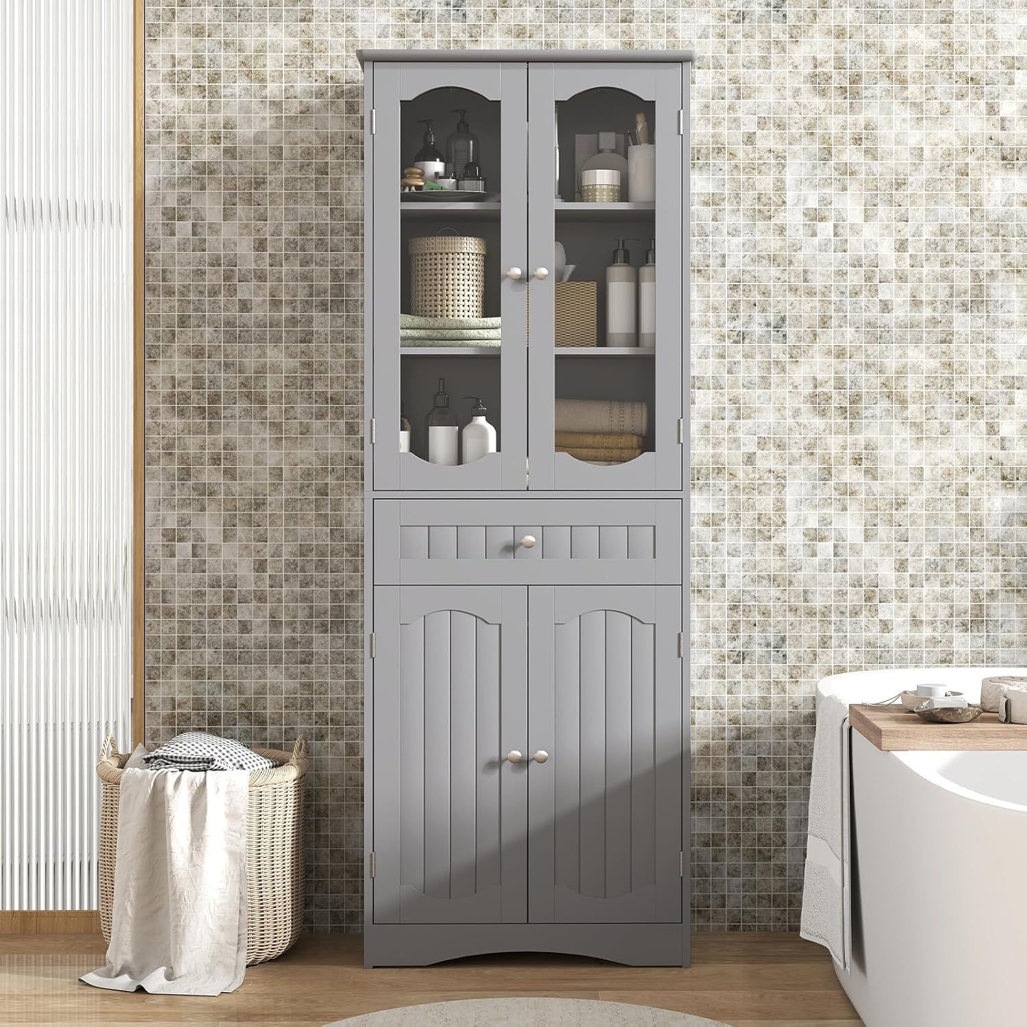 Grey Tallboy Bathroom Storage Unit Glass Door Drawer Cabinet Shelf