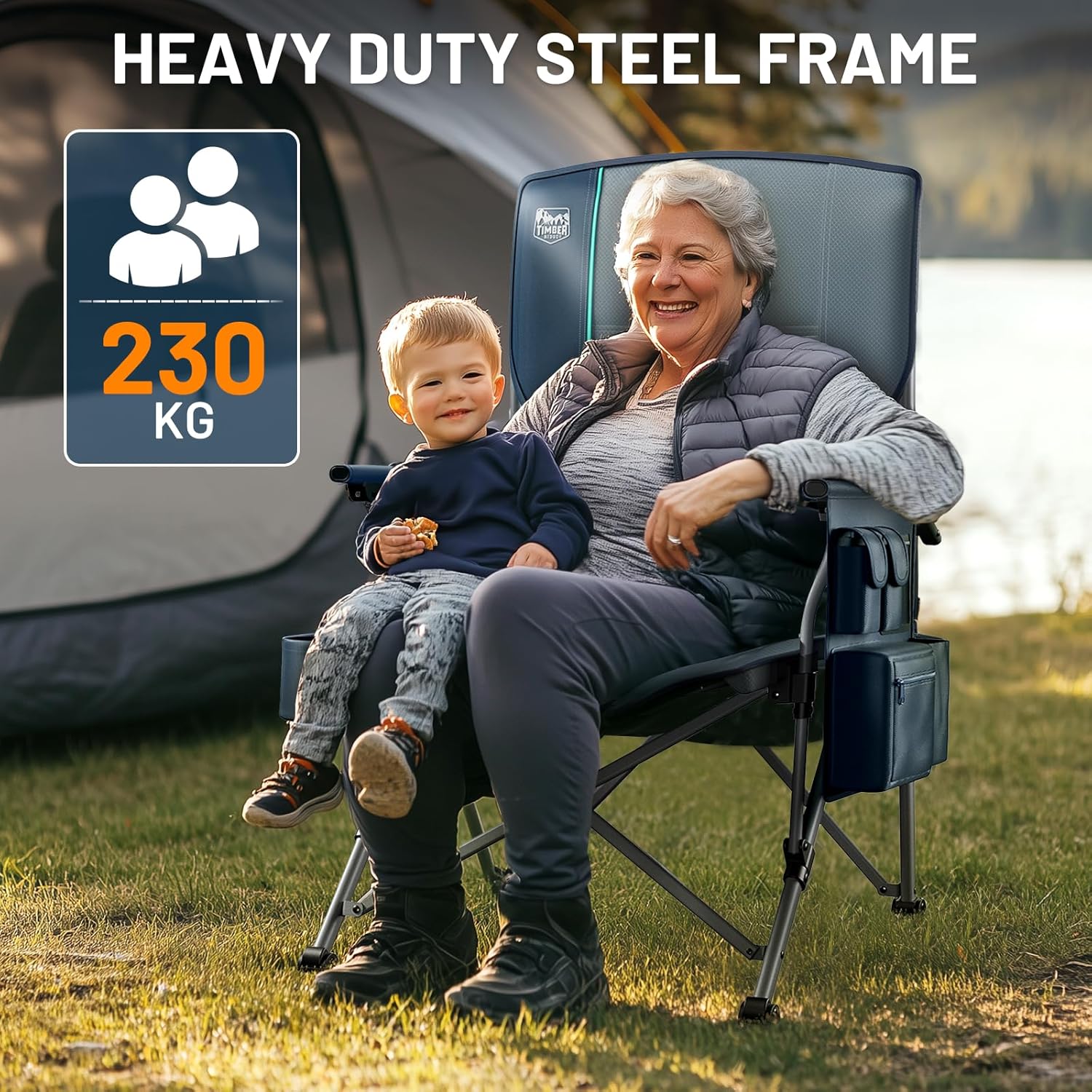 Oversized Camping Chair with Lumbar Support Cooler Pocket Blue