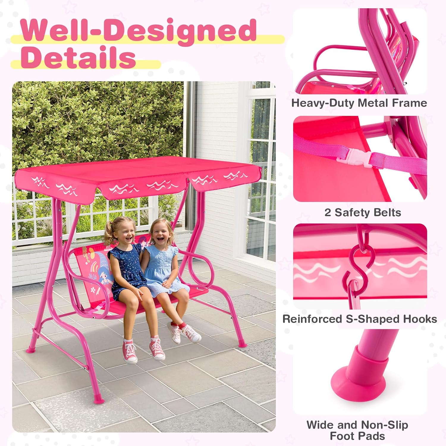 Kids 2 Seat Patio Swing Chair Pink Canopy Safety Belts Indoor Outdoor