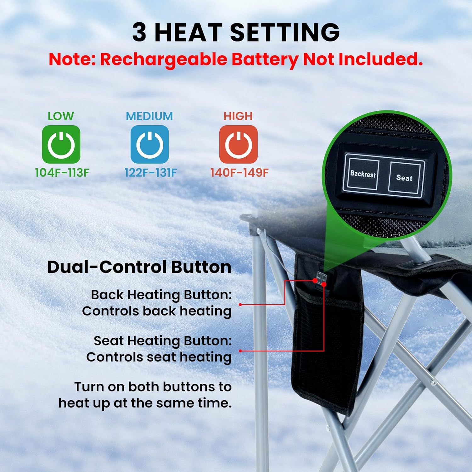 Heated Folding Camping Chair 180kg 3 Heat Levels Cup Holder