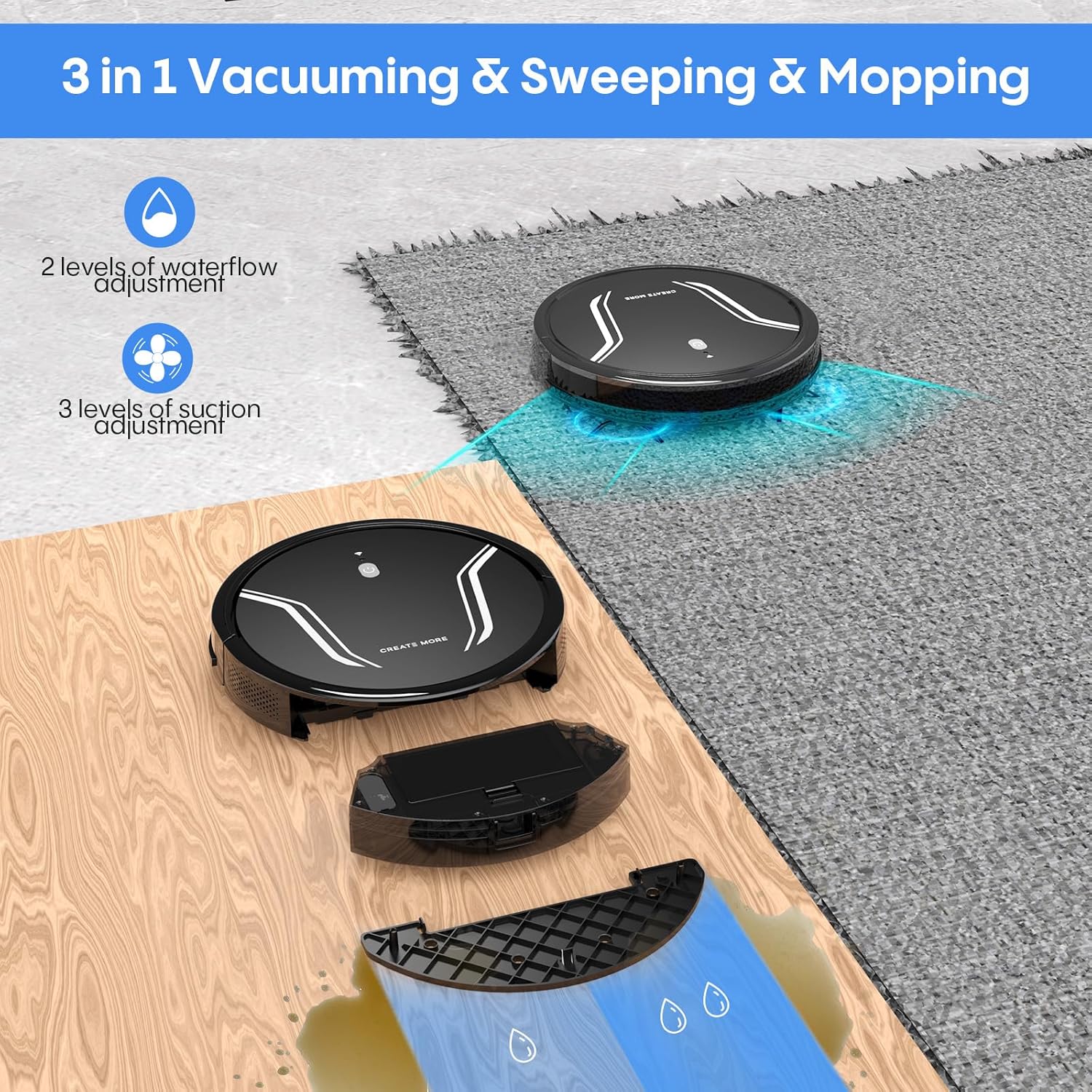 Robot Vacuum Mop 5000Pa 3-in-1 WiFi Alexa App Control Auto Recharge