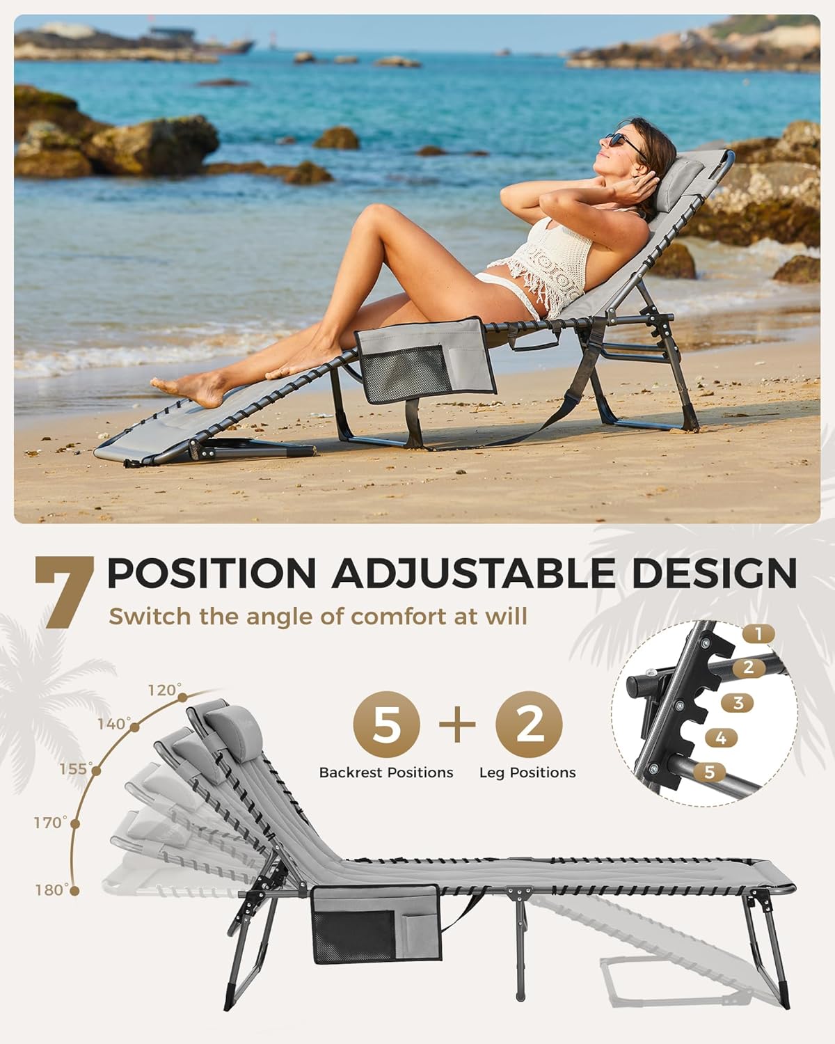 Oversized Padded Folding Sun Lounger 5 Position Grey Recliner