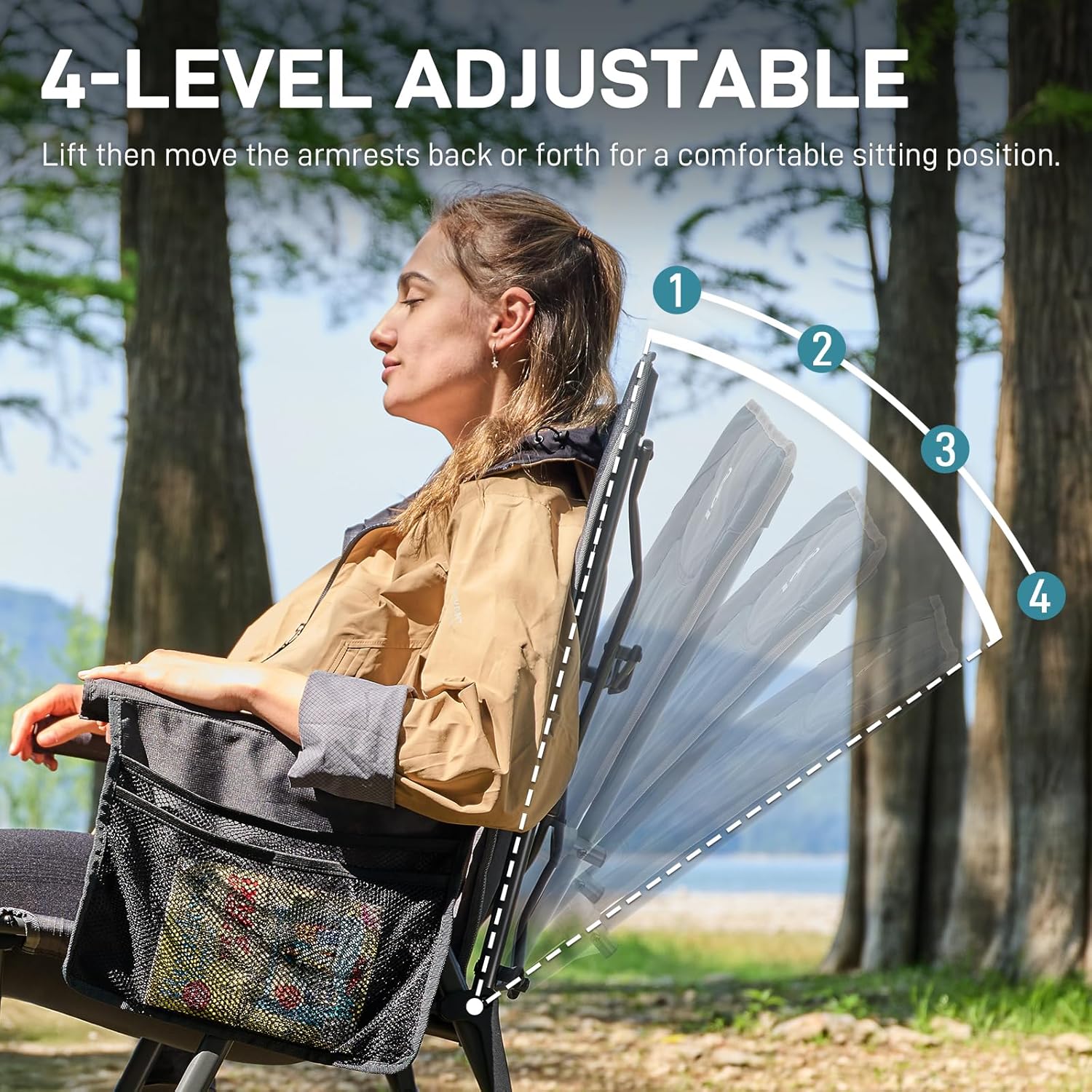 Reclining Camping Chair Heavy Duty 350lb Black