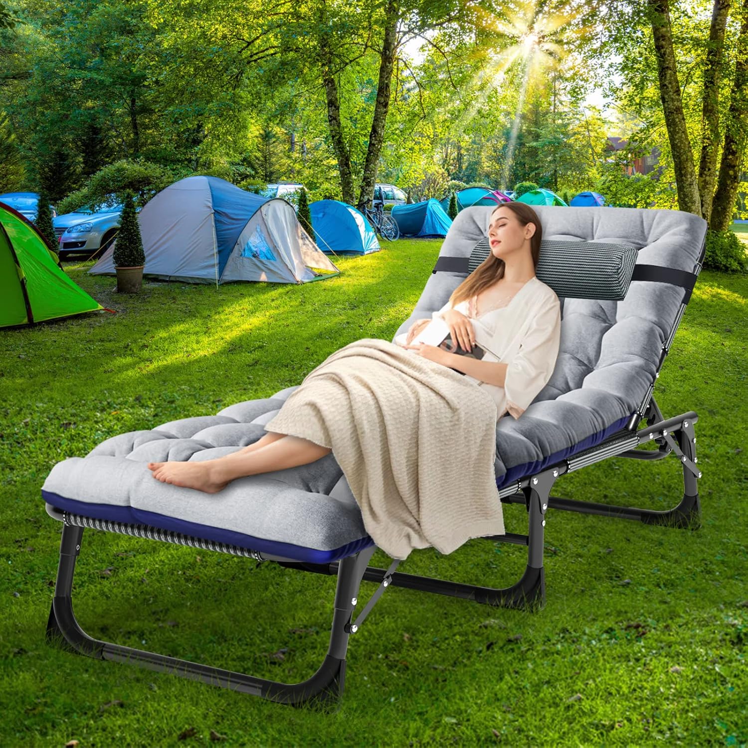 Folding Sun Lounger Guest Bed 5 Position 200kg Light Grey