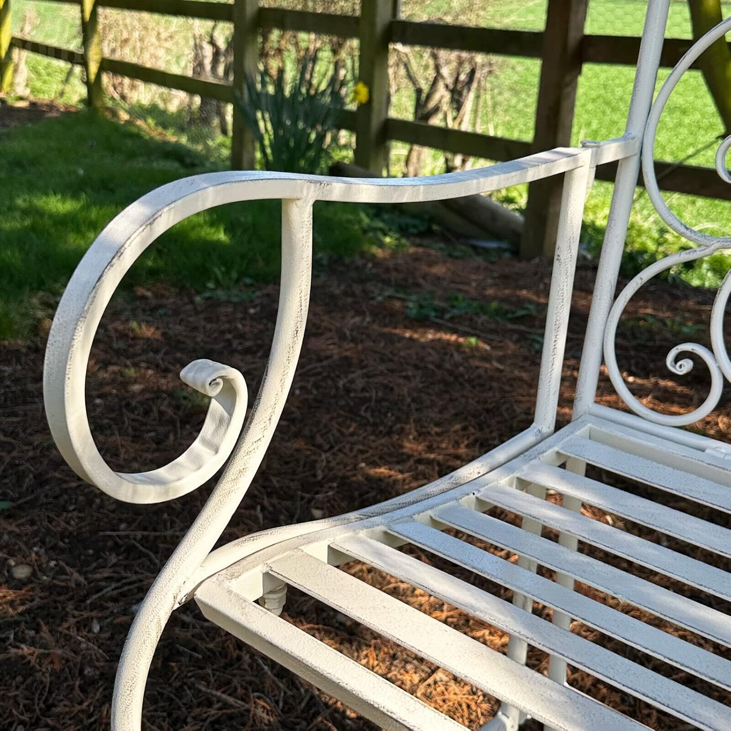 Vintage White Metal Garden Bench 2 Seater French Country Seat