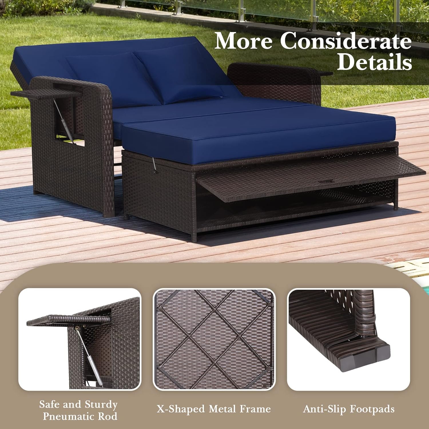 Rattan Garden Daybed Double Sun Lounger Navy Brown