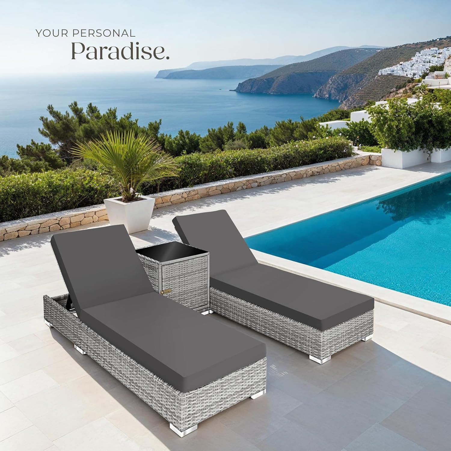 3 Piece Rattan Sun Lounger Set Recliners Table Light Grey