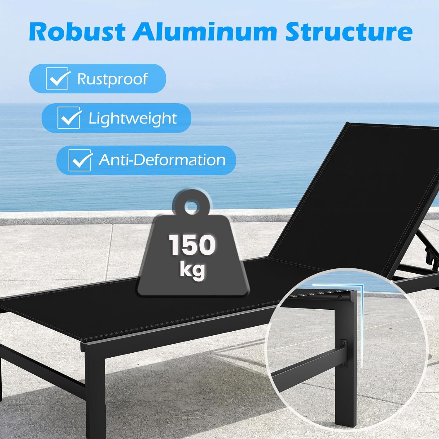 6 Level Aluminum Sun Lounger Recliner Chair Black
