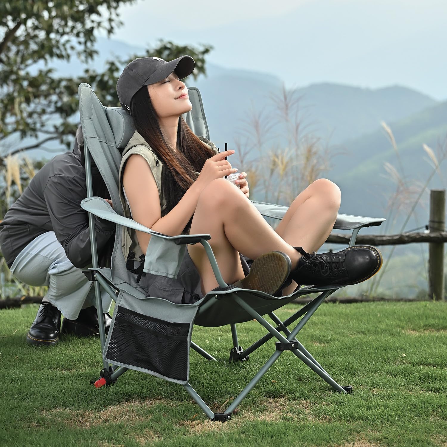 Reclining Beach Camping Chair Footrest 300lb Cyan