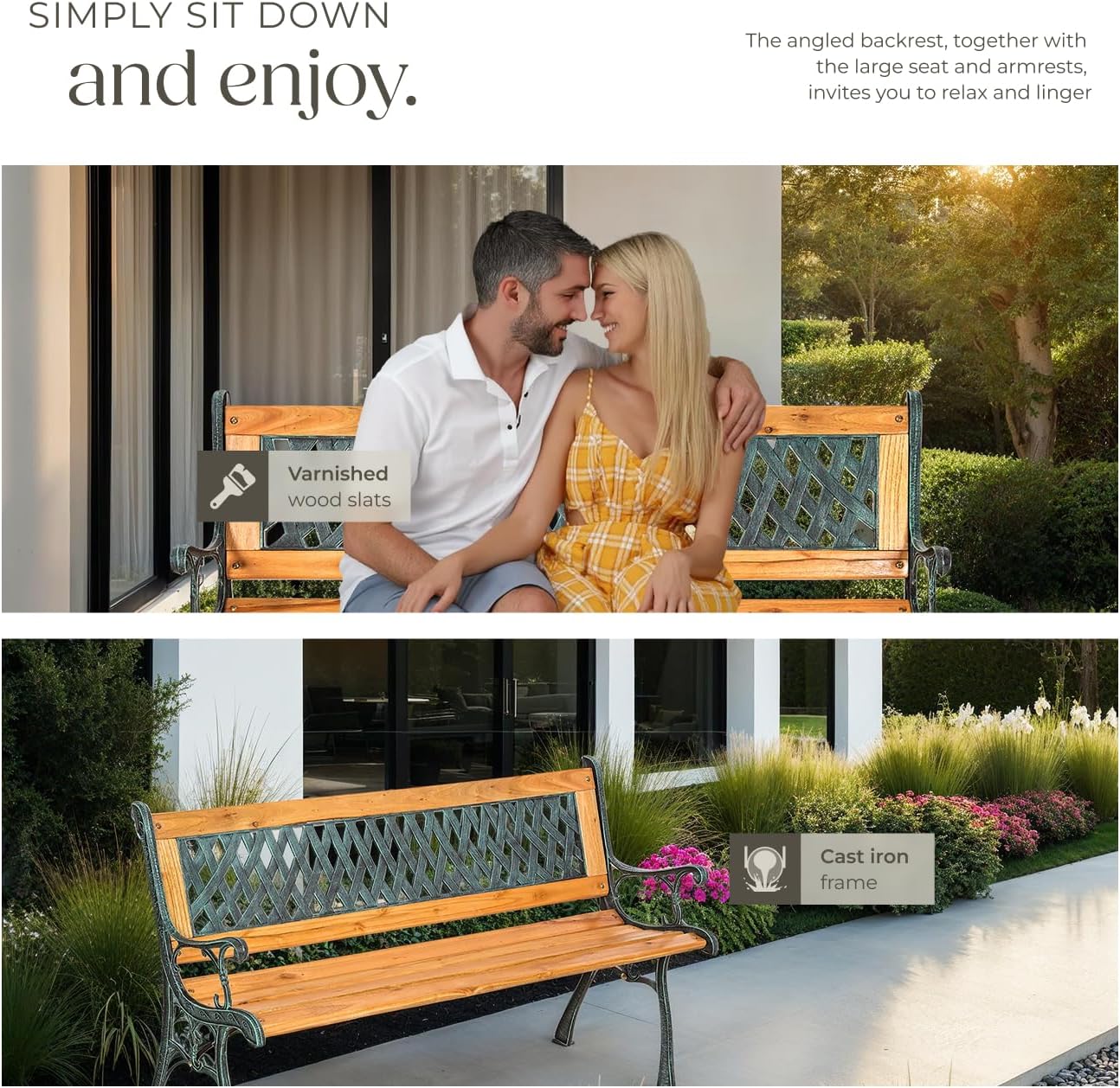 2 Seater Garden Bench Wooden Slats Cast Iron Patio Park Seat