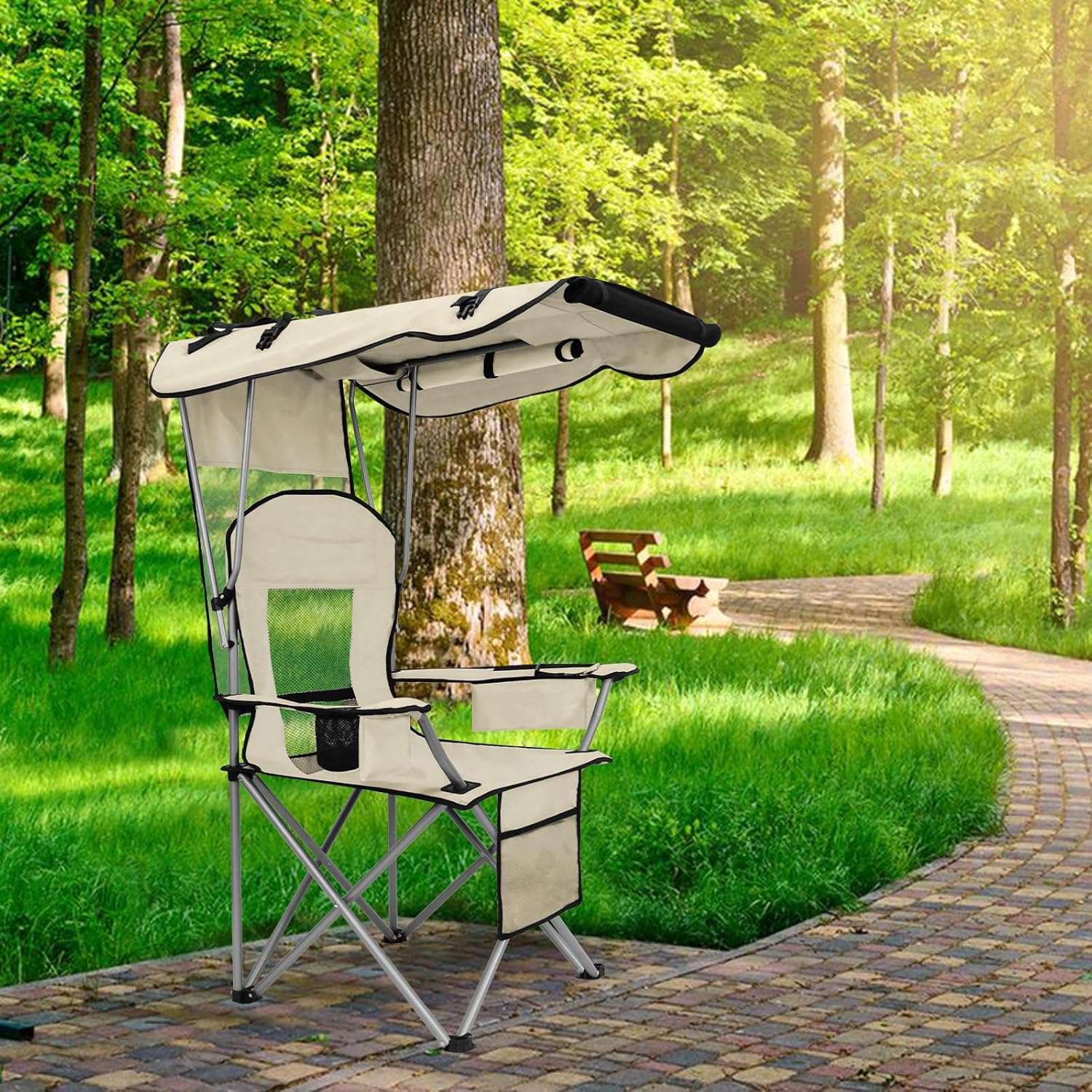 Camping Chair with Canopy Cooler Cup Holder White