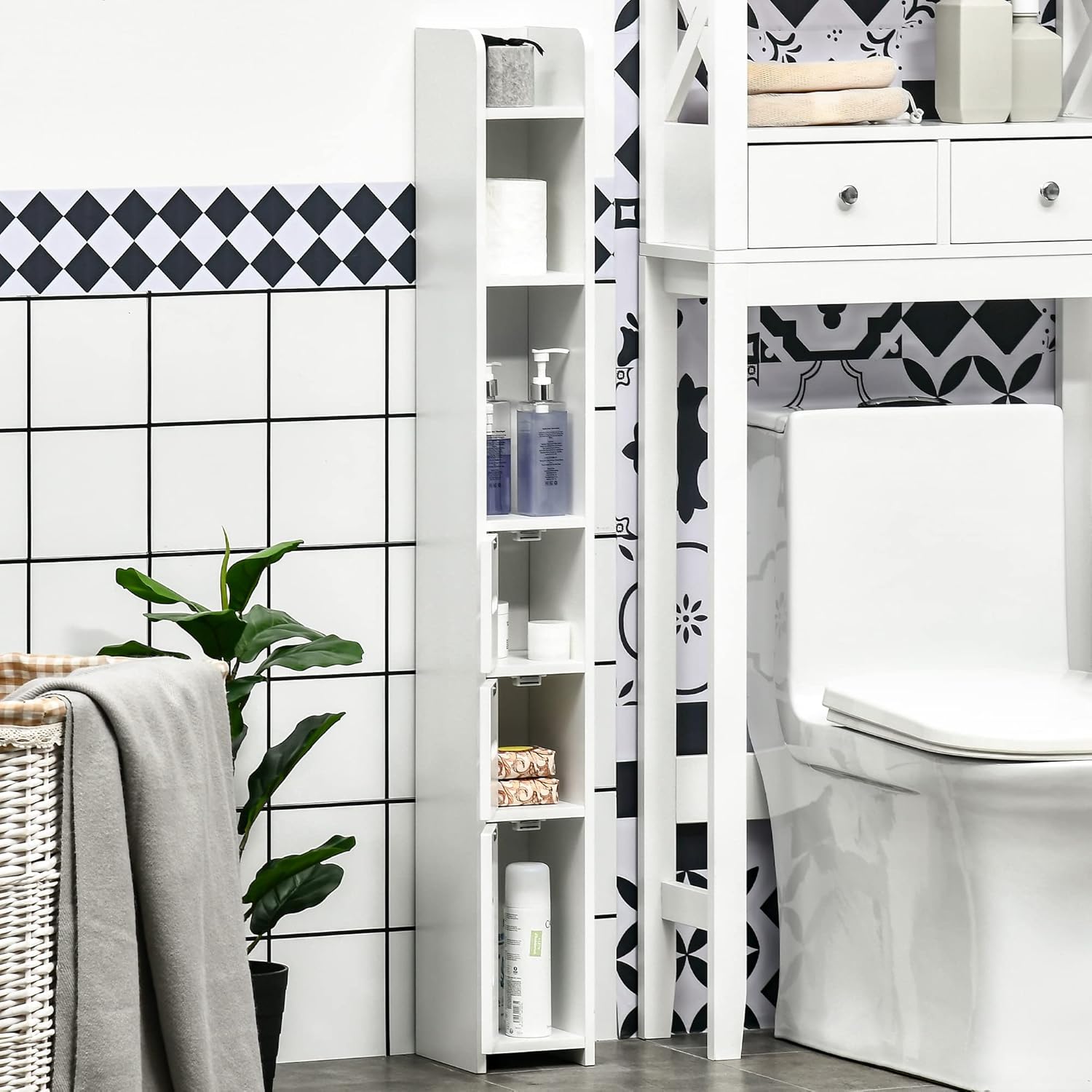 Slim Tall Bathroom Storage Cabinet 3 Doors Open Shelves White