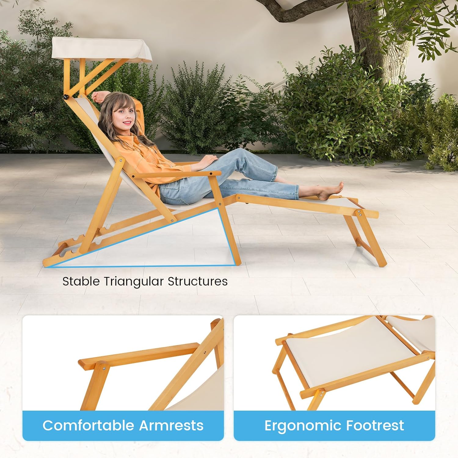Foldable Wooden Sun Lounger with Canopy Recliner Beige