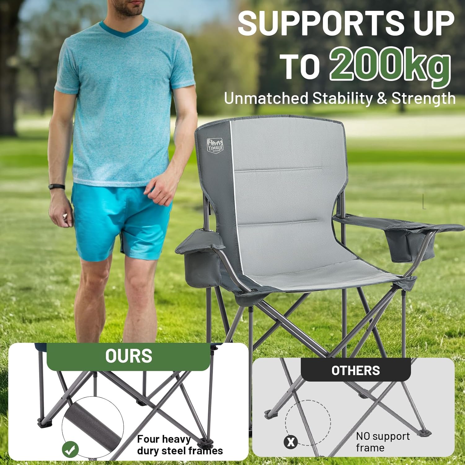 Heavy Duty Camping Chair 200kg Padded Light Grey