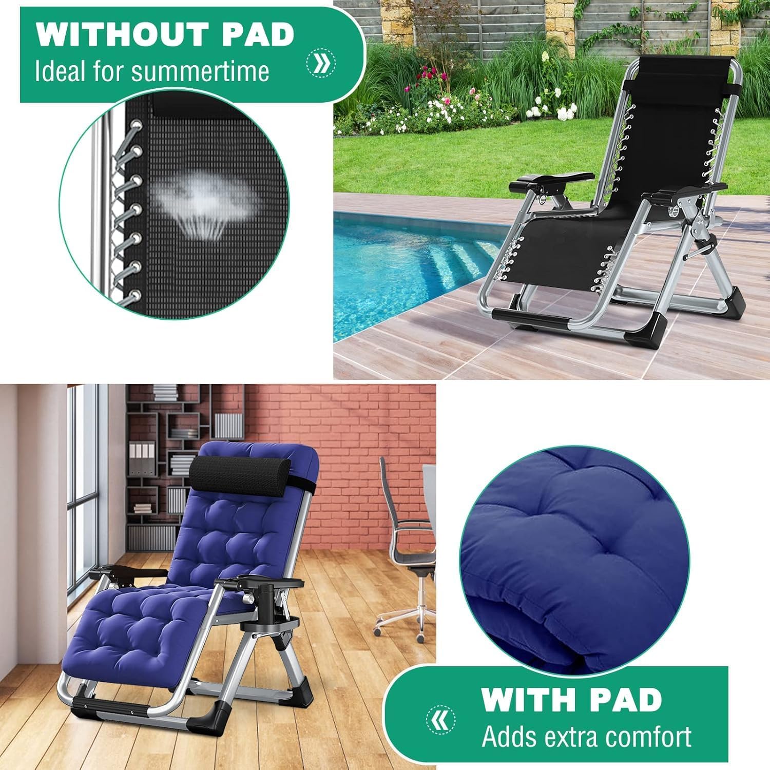 Zero Gravity Folding Sun Lounger Garden Recliner Chair Navy Blue