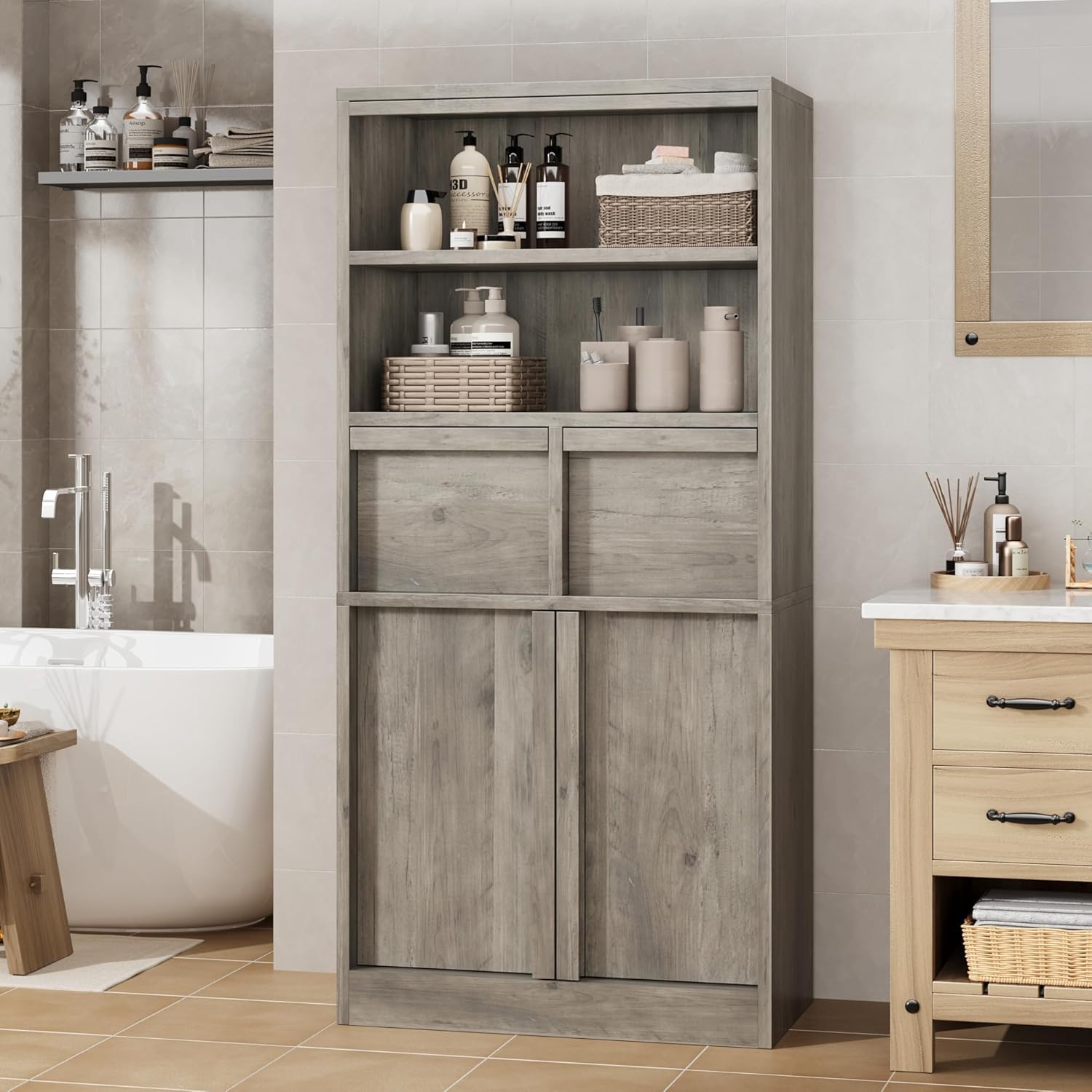 Tall Bathroom Storage Cabinet Grey 2 Drawers Door Unit