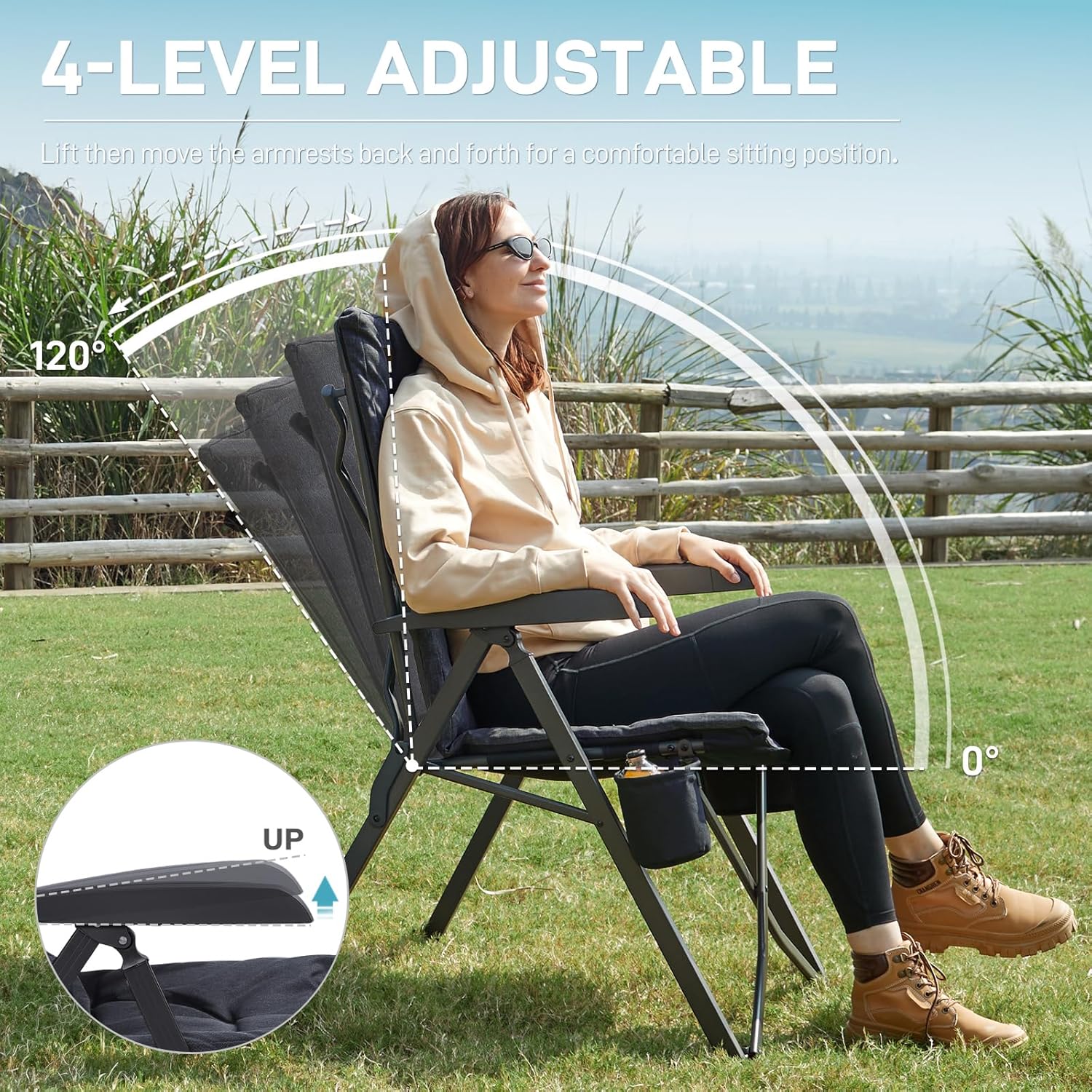 Luxury Reclining Camping Chair High Back Black 150kg