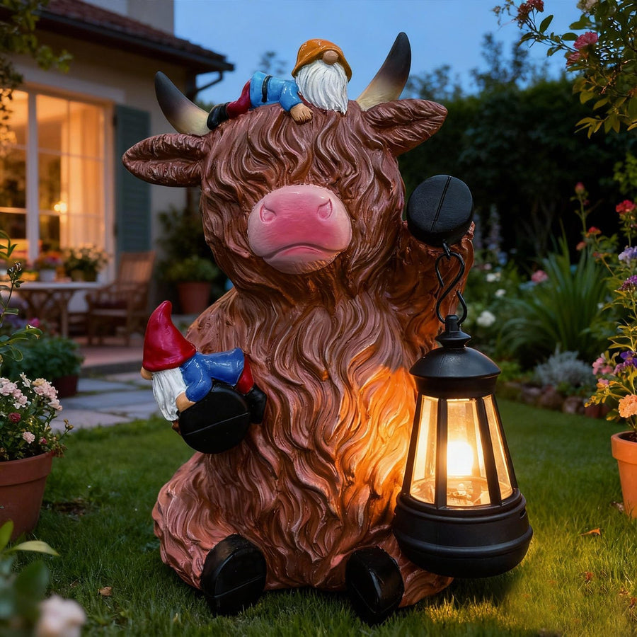 Solar Highland Cow Gnome Statue Lantern Outdoor Garden Decor