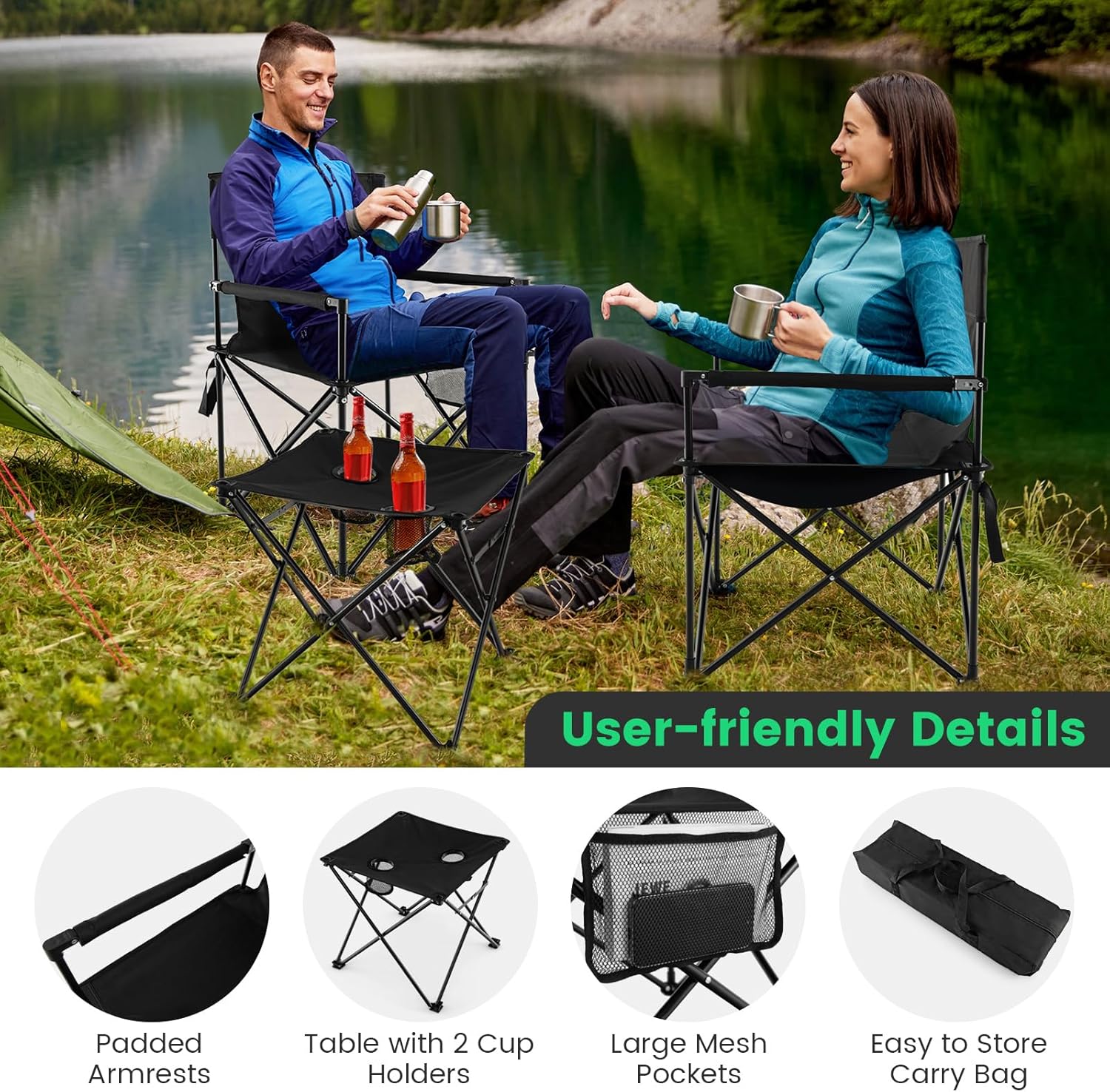 3 Piece Folding Camping Chairs and Table Set Portable