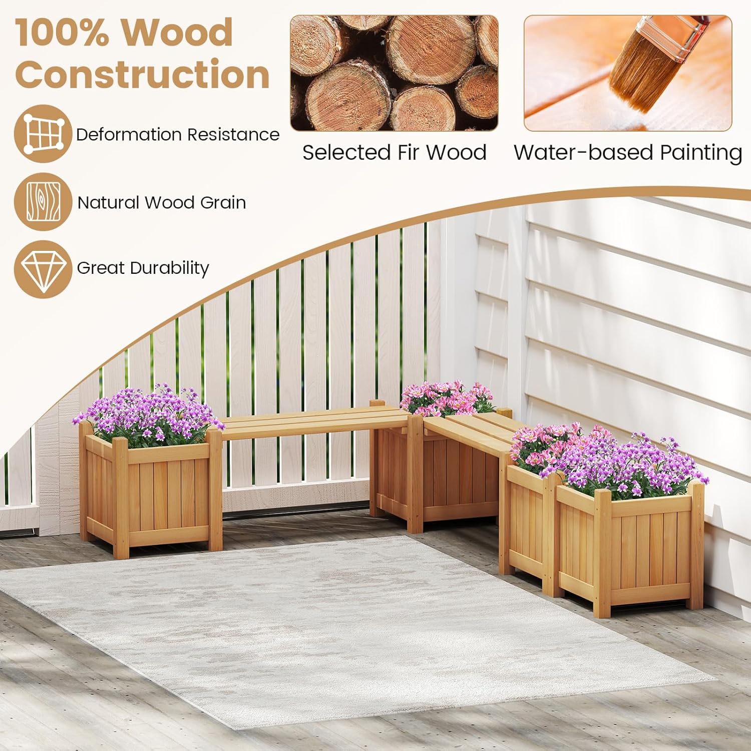 Wooden Planter Box with Bench Garden Seat Raised Bed 105cm