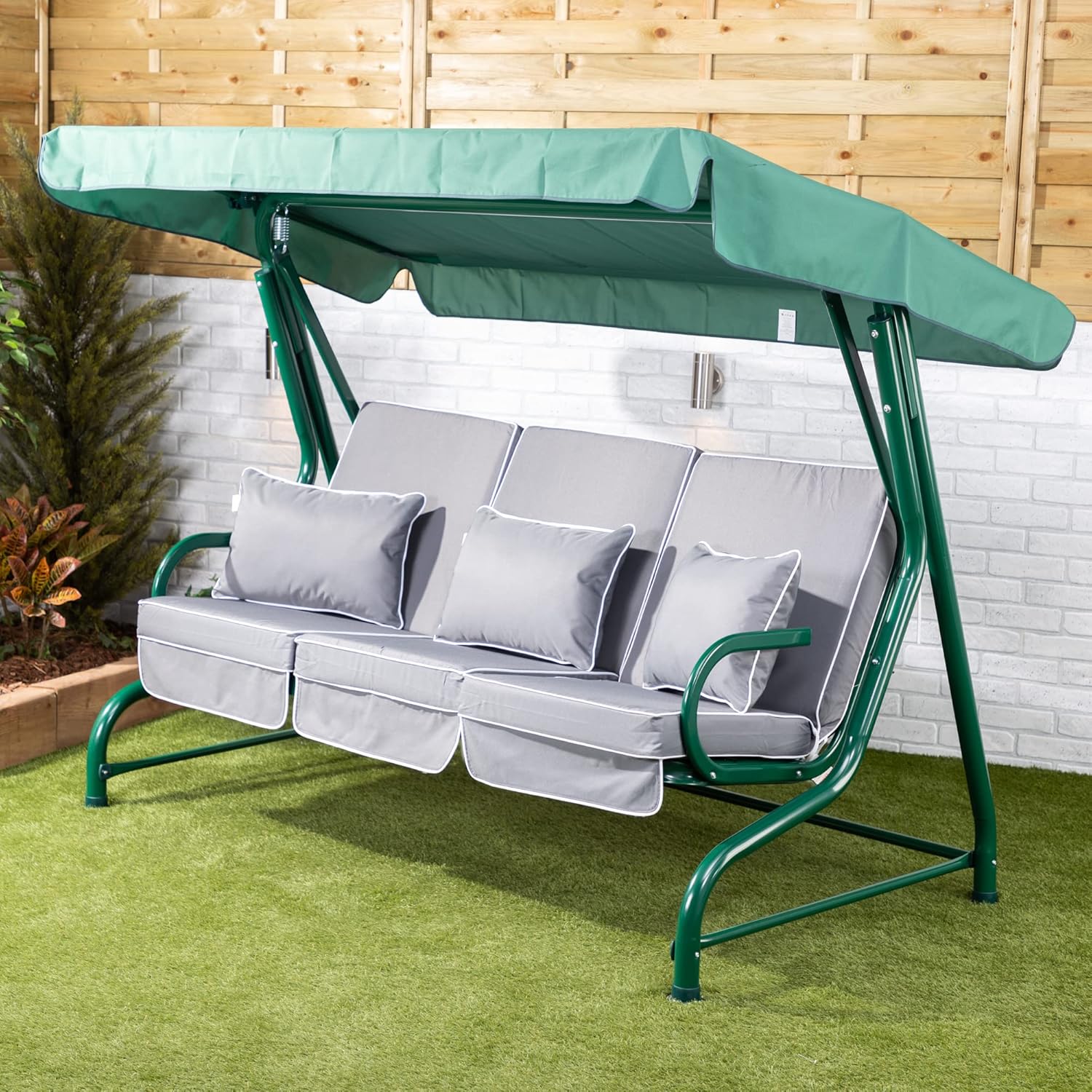 3 Seater Garden Swing Seat Grey Canopy Luxury Cushions