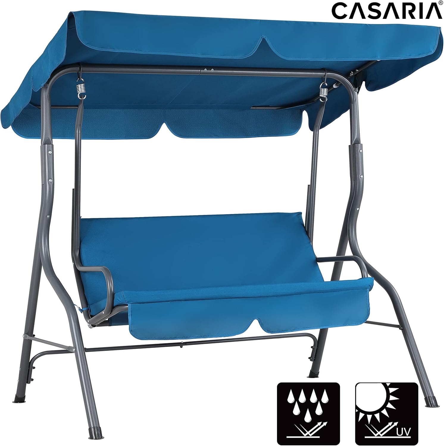 2 Seater Garden Swing Chair Adjustable Canopy Cushioned Blue Seat