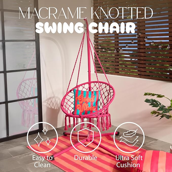 Hot Pink Macrame Egg Chair with Stand Hanging Swing