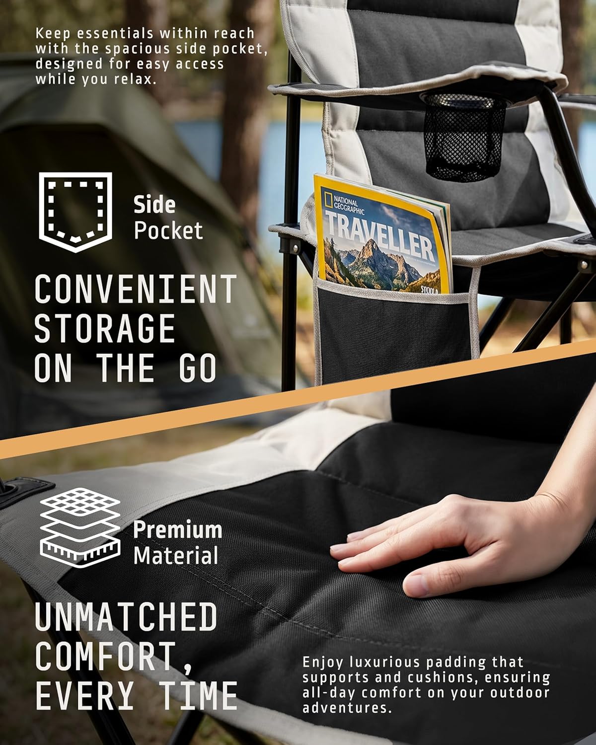 Padded Folding Camping Chairs 2 Pack Cooler Bag Black