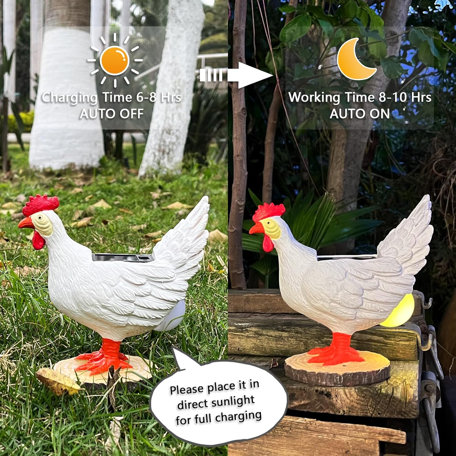 Solar Chicken Garden Statue LED Egg Light Resin Outdoor Decor