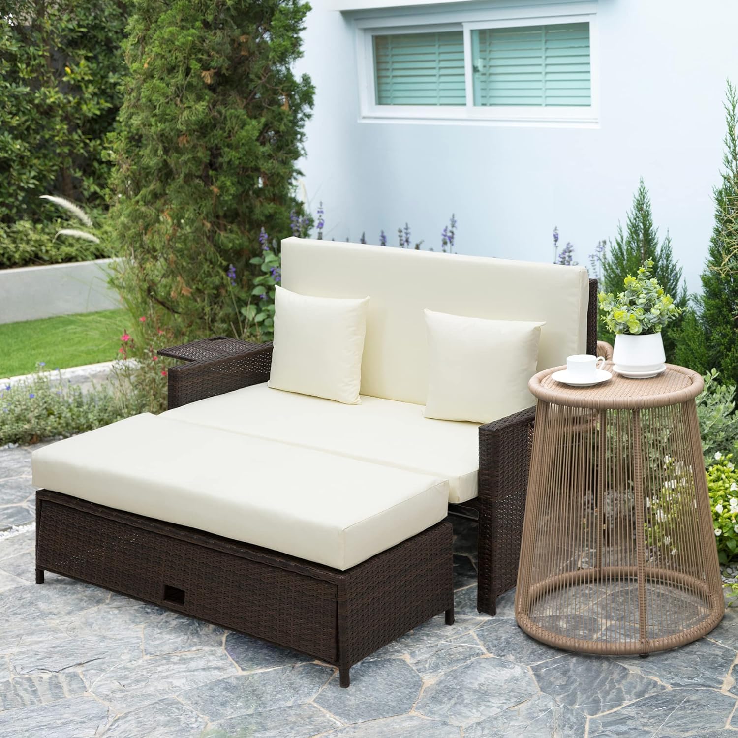 Rattan Garden Daybed Double Sun Lounger Storage Brown