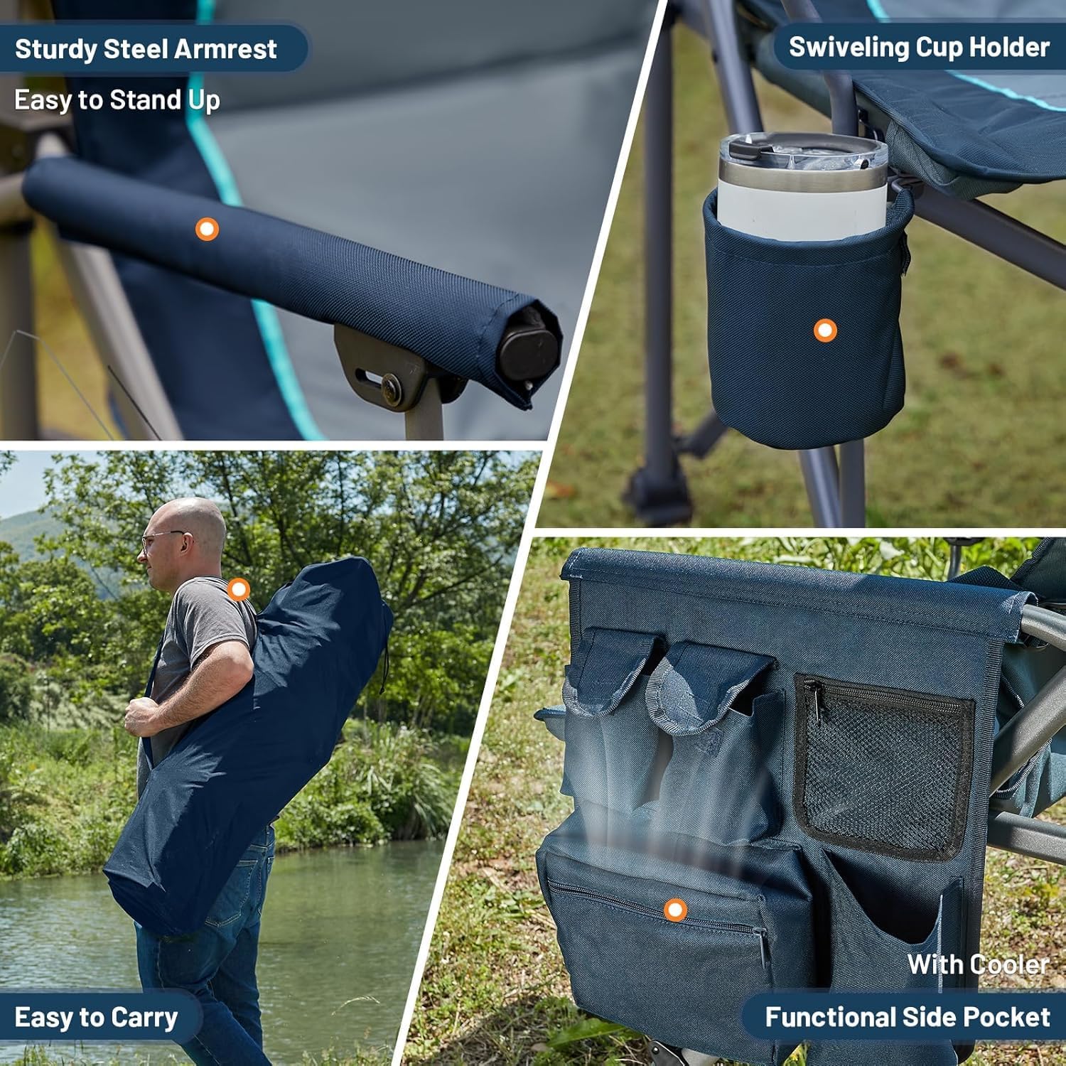 Heavy Duty Outdoor Chair with Lumbar Support Cooler Pocket Blue