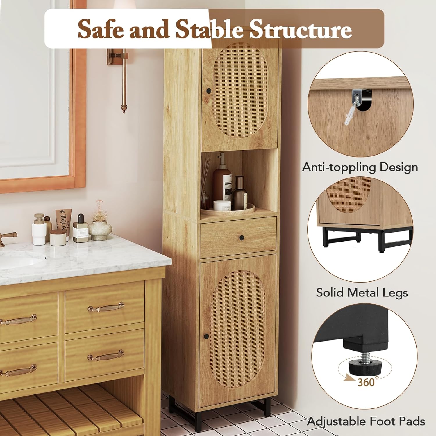 Tall Slim Storage Cabinet Natural Rattan Door Drawer Unit