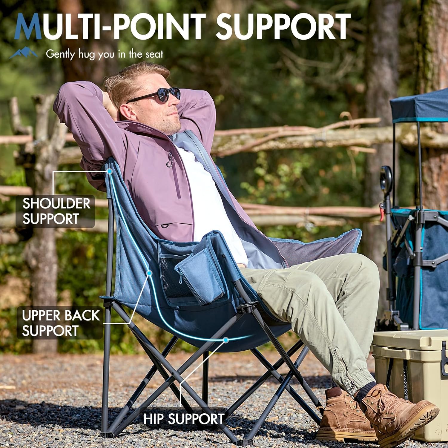 Mesh Back Tub Camping Chair Wide Seat 150KG Blue