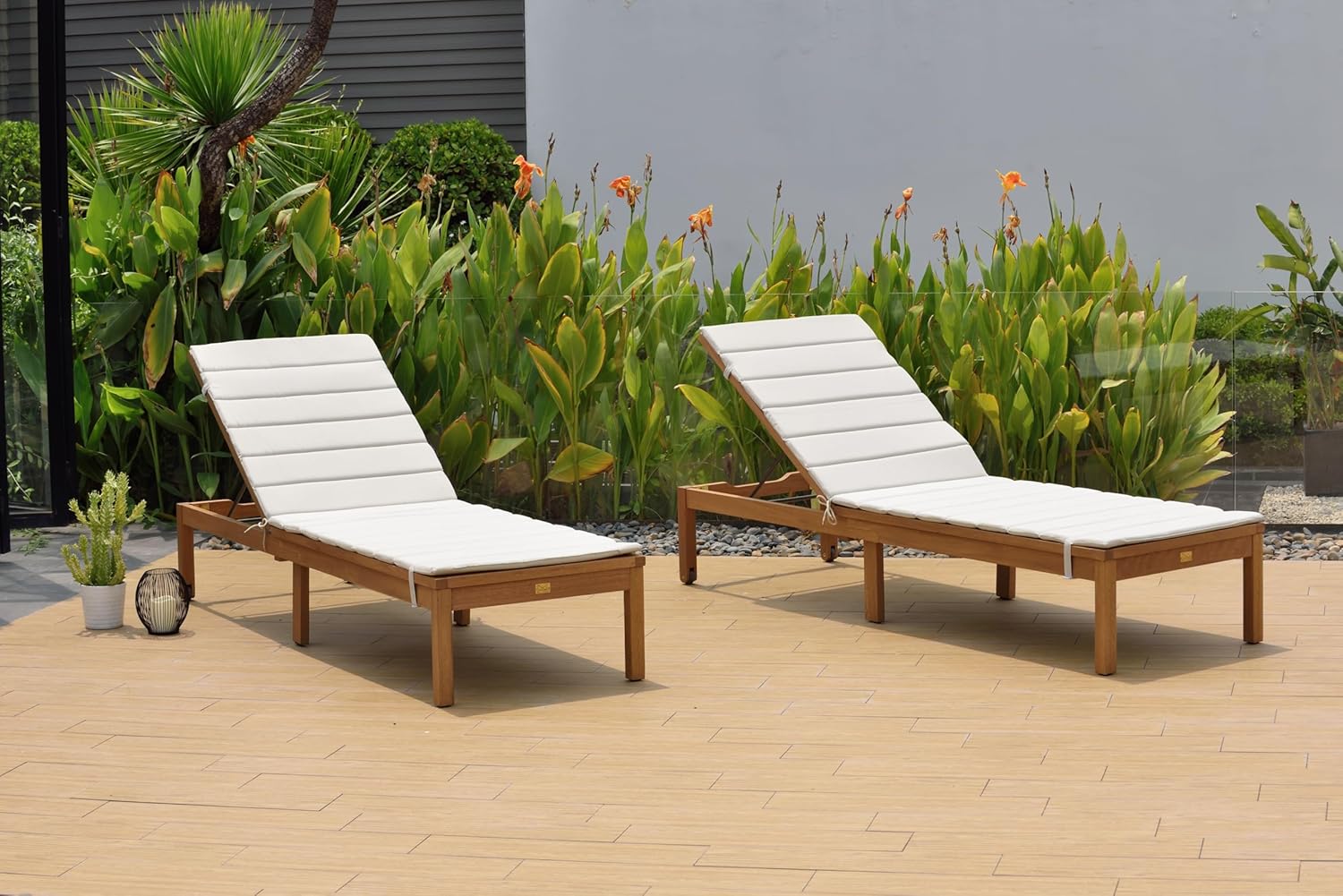 Wooden Patio Chaise Lounger with Grey Cushion Teak Finish