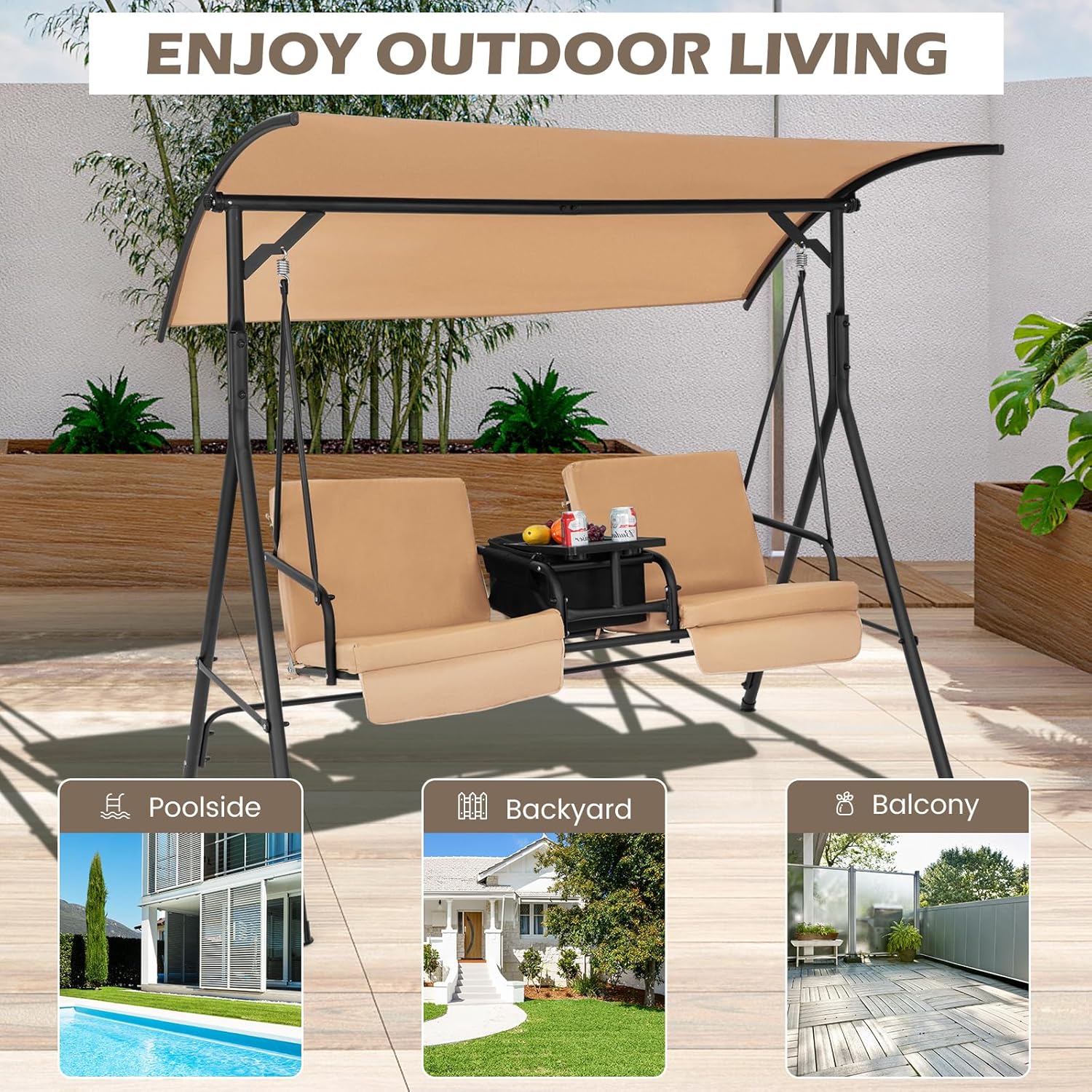 2 Seater Swing Chair Canopy Cooler Tray Beige Patio