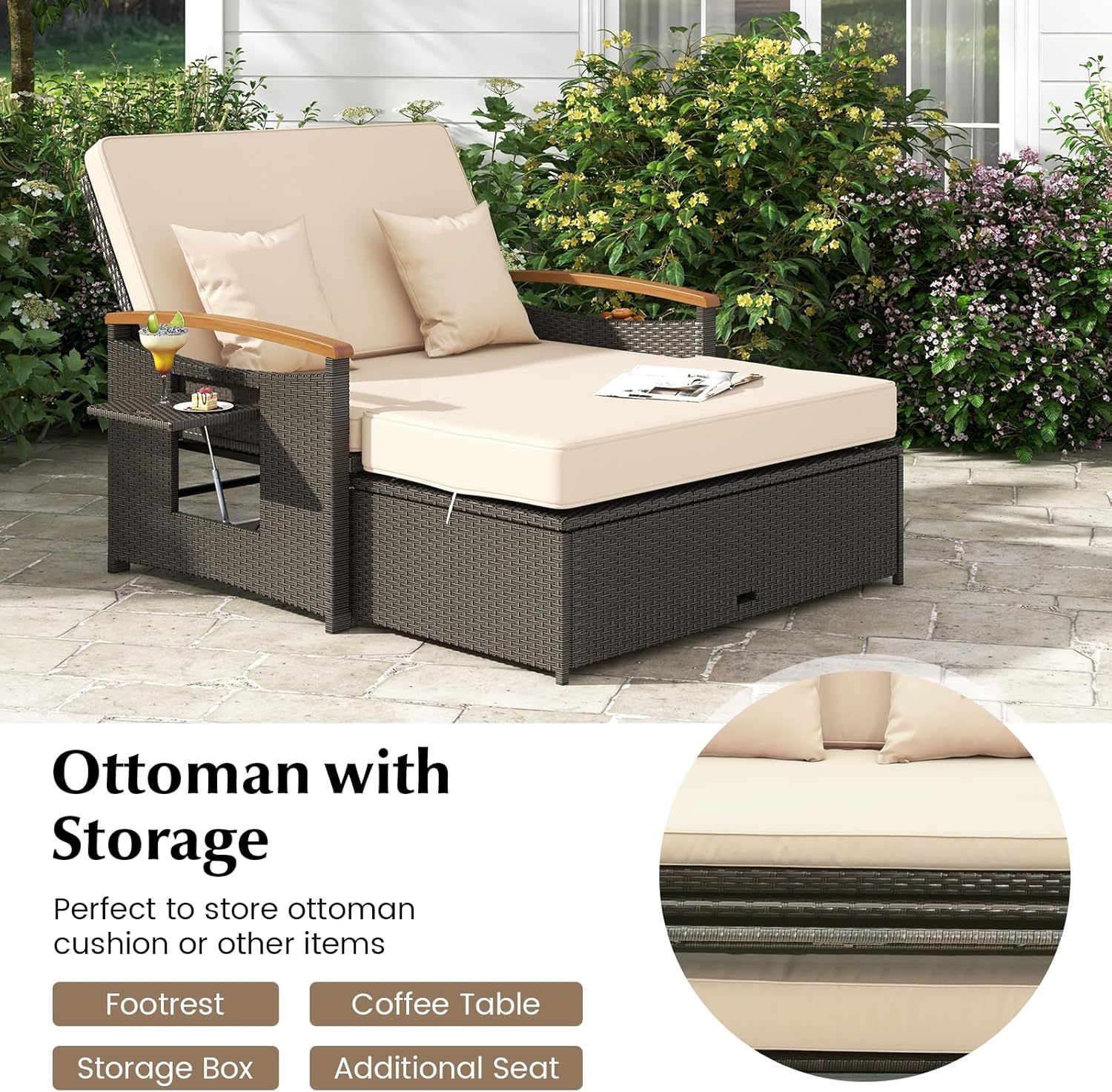 Outdoor Rattan Daybed Sun Lounger Storage Beige
