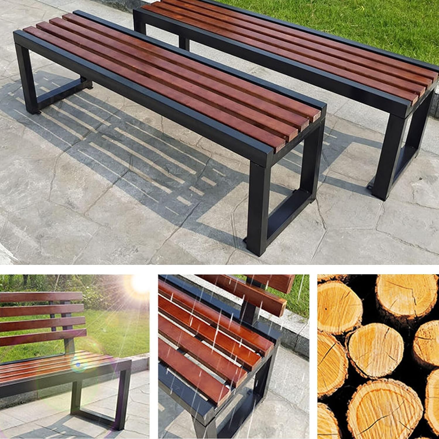 Outdoor Backless Garden Bench Solid Wood Patio Seat Metal Frame 100cm
