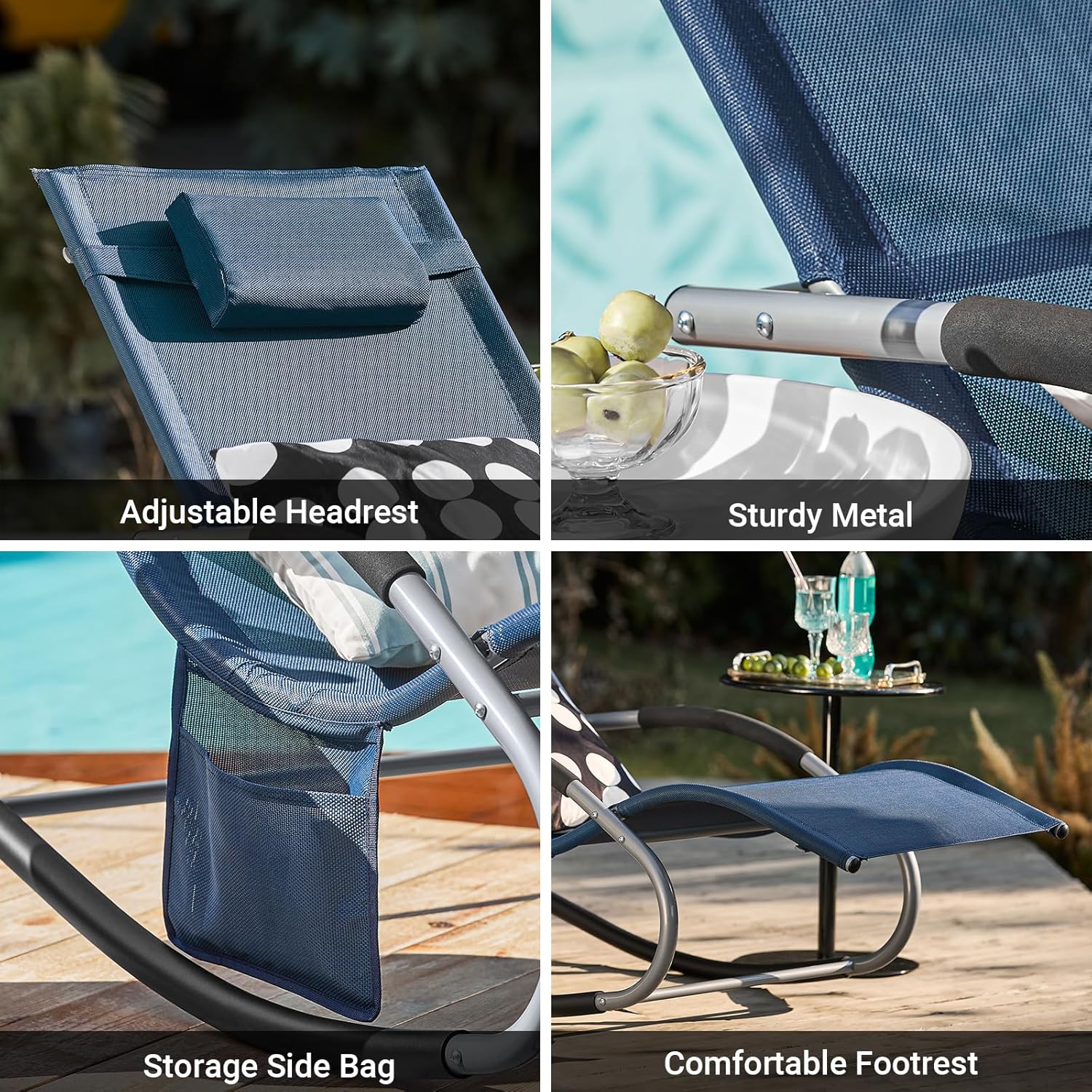 Outdoor Rocking Recliner Chair with Pillow Pocket Blue