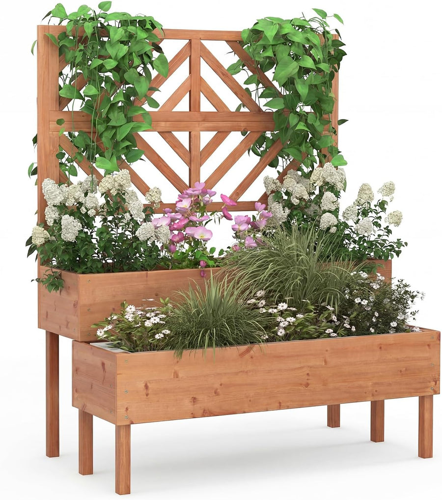 Wooden Raised Garden Planter with Trellis 2 Tier Plant Bed 135cm