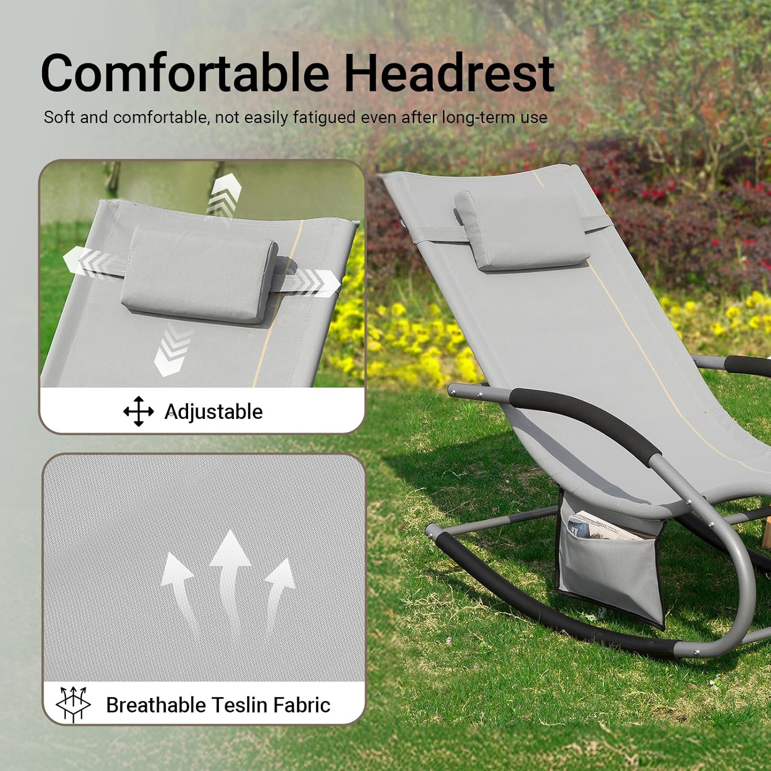 Outdoor Rocking Recliner Chair with Pillow Pocket Grey