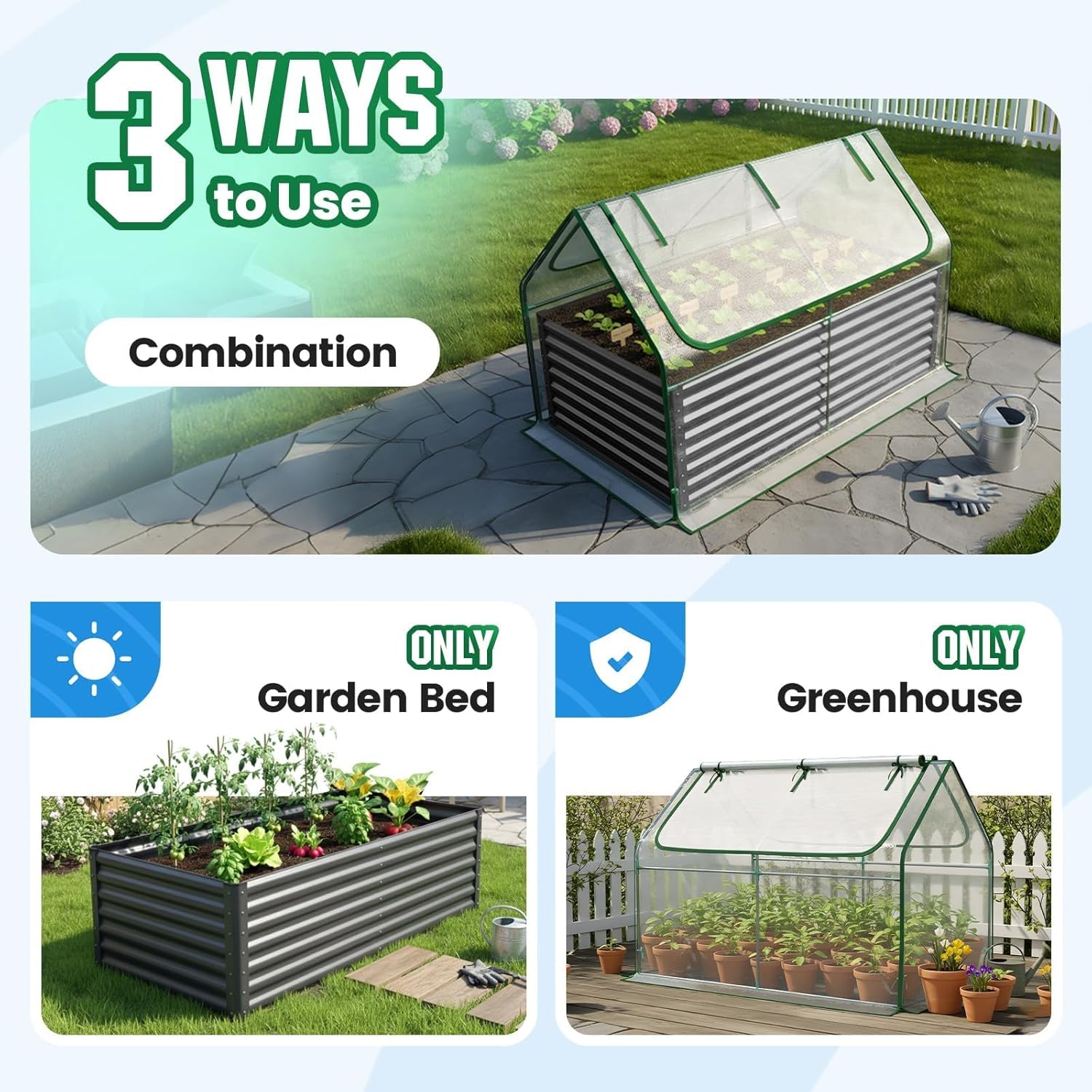 Large Raised Garden Bed with Greenhouse Cover 185x95cm Steel
